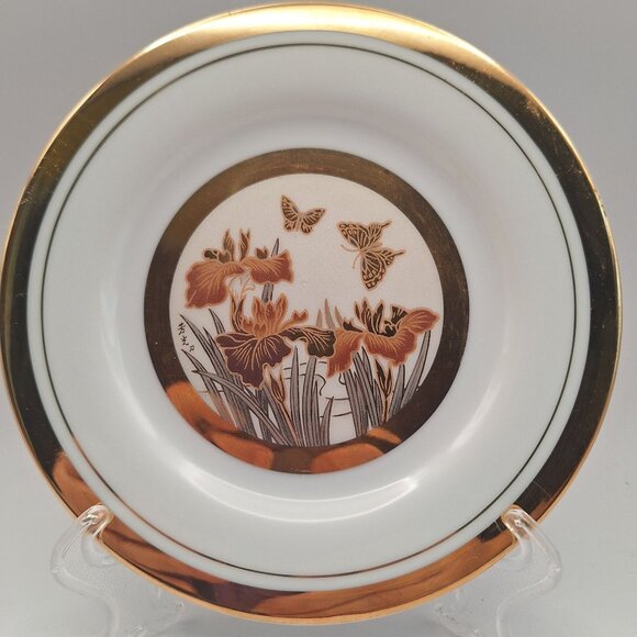 VINTAGE 1985 ART OF CHOKIN 24K GOLD TRIM CALLA LILIES AND BUTTERFLIES PLATE - Picture 1 of 5